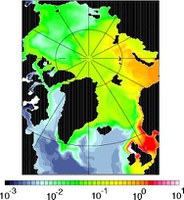 Simulated surface concentration of  the radionuclide 99Tc (Bq/m3) in August 2002.